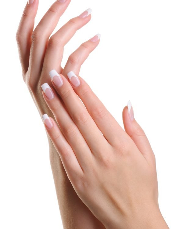 Beauty elegant female hands with french manicure isolated on white
